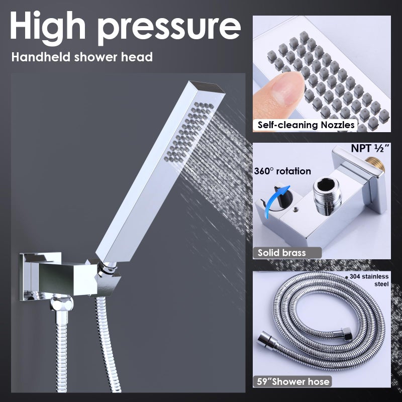 ENGA Square Solid Brass Hand Held Wand Shower Head with Wall Connector and Stainless Steel Hose Set, Chrome - Image 4